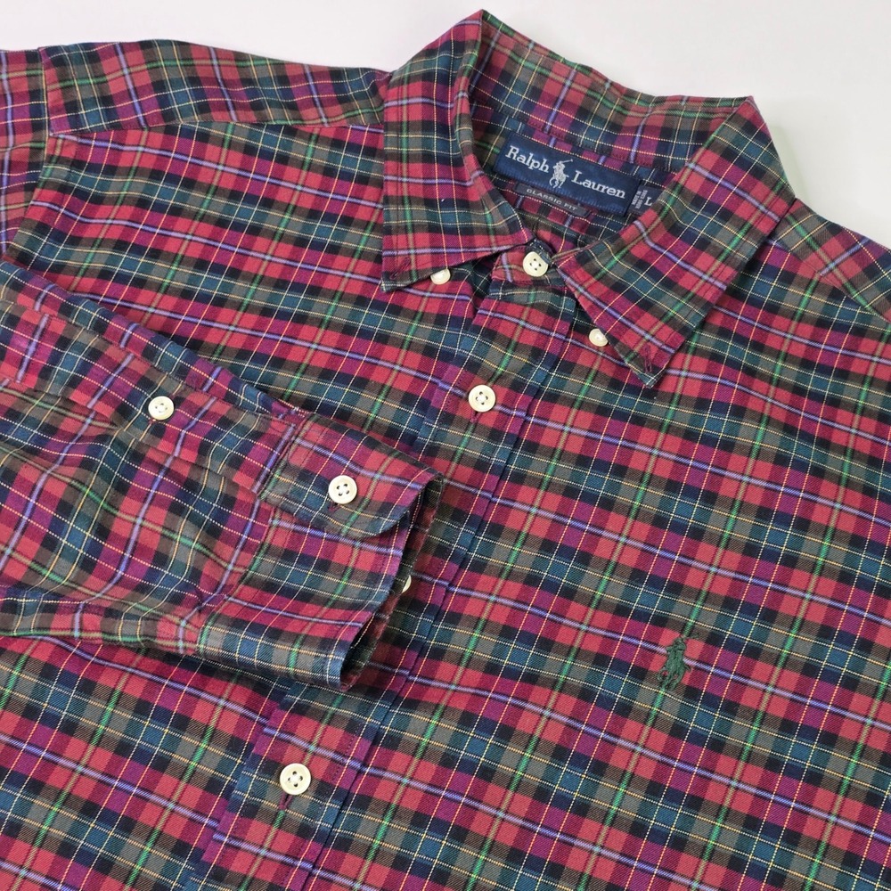 Ralph Lauren Mens Classic Fit Plaid Button Down Shirt‎ Red Green Cotton Large